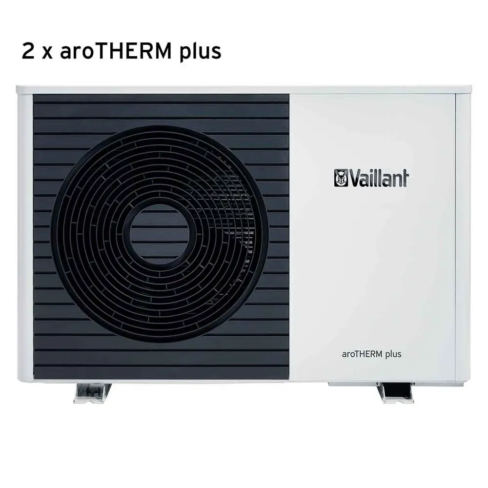 Vaillant Außengerät mit runder Lüfteröffnung, präsentiert in einem kompakten Gehäuse, geeignet für Wärmepumpeninstallationen.